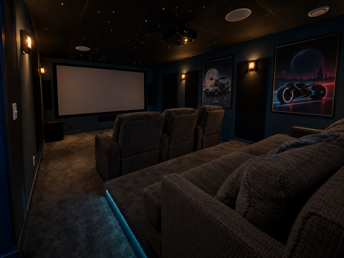Salle home cinéma rétro avec canapé gris et éclairage LED