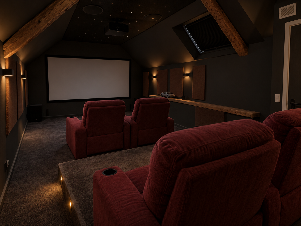 Salle home cinéma sous combles, lumière tamisée et ciel étoilé