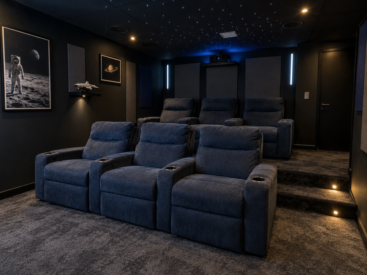 Salle home cinéma bleue avec fauteuils relax et grand écran