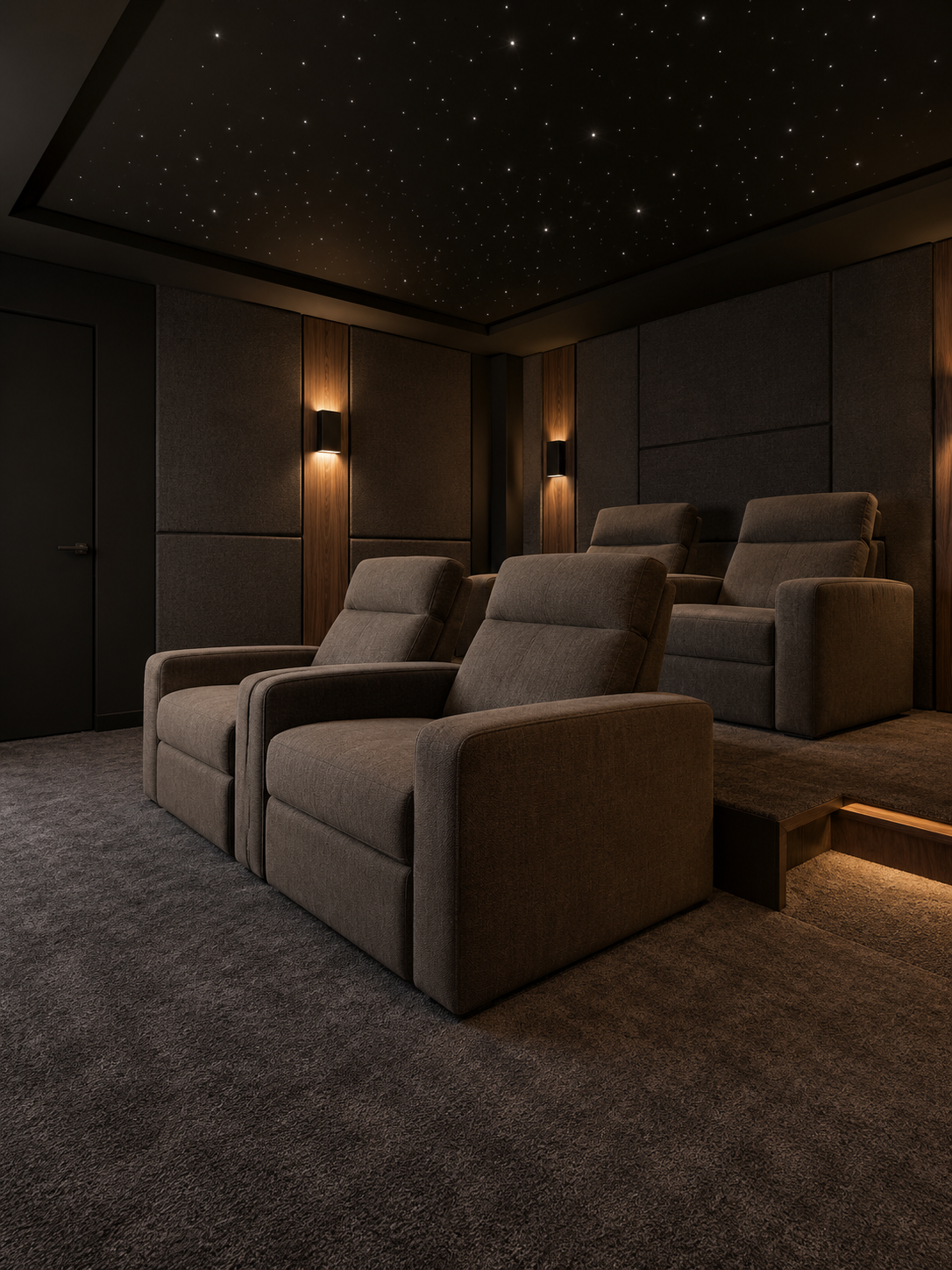 Salle home cinéma anthracite avec ciel étoilé, fauteuils relax et estrade éclairée