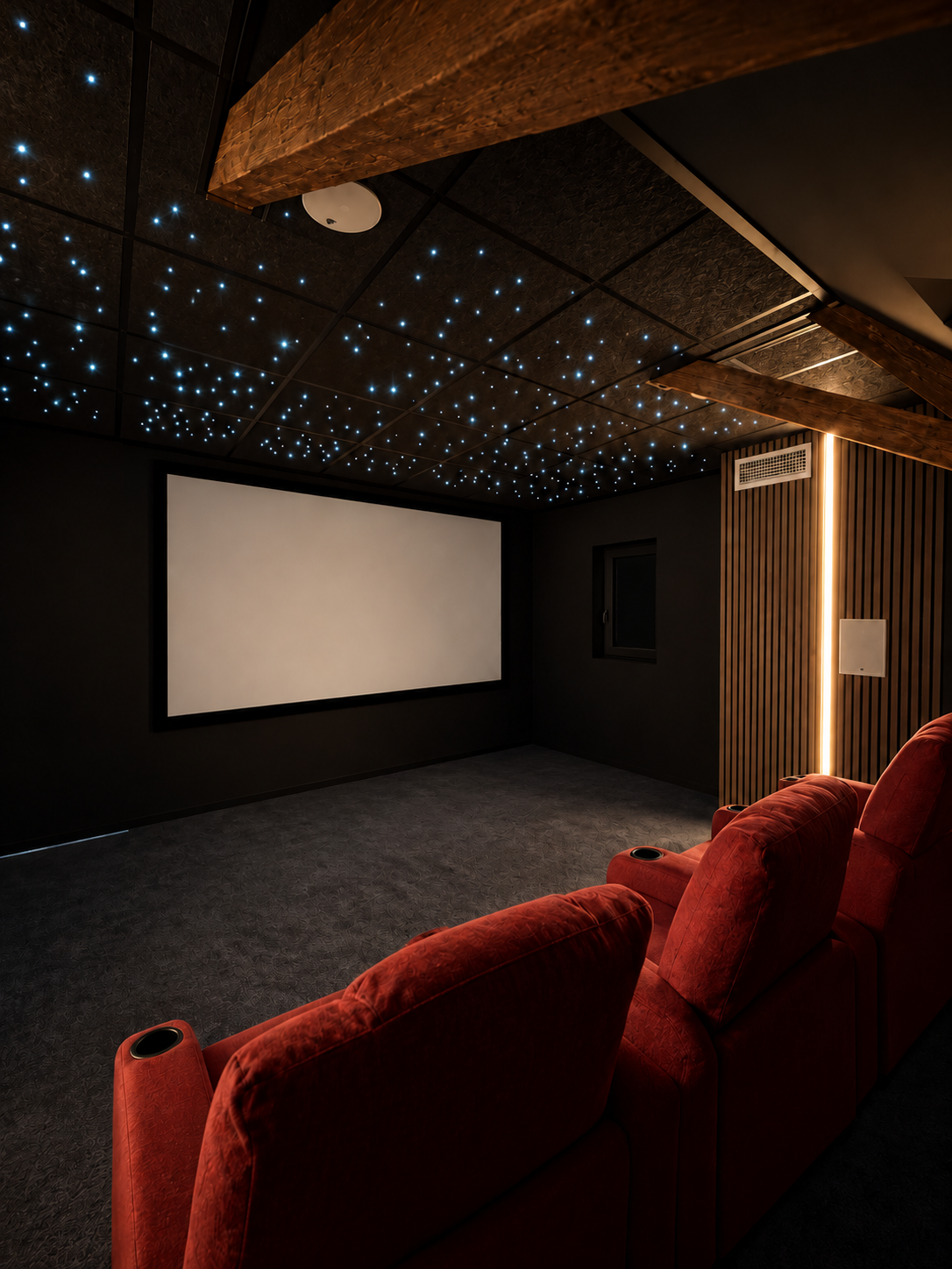 Home cinéma avec fenêtre latérale noir mat assortie au mur