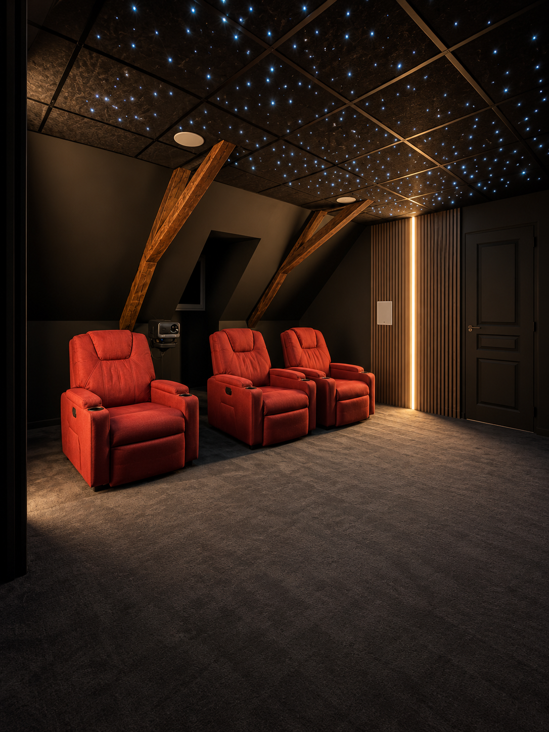 Salle de cinéma privée sous plafond étoilé en fibre optique