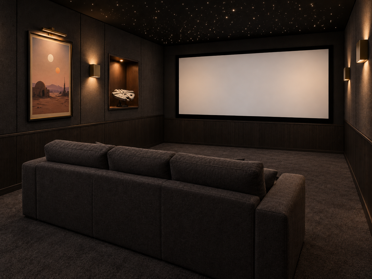 Salle home cinéma thème space opera, canapé et ciel étoilé