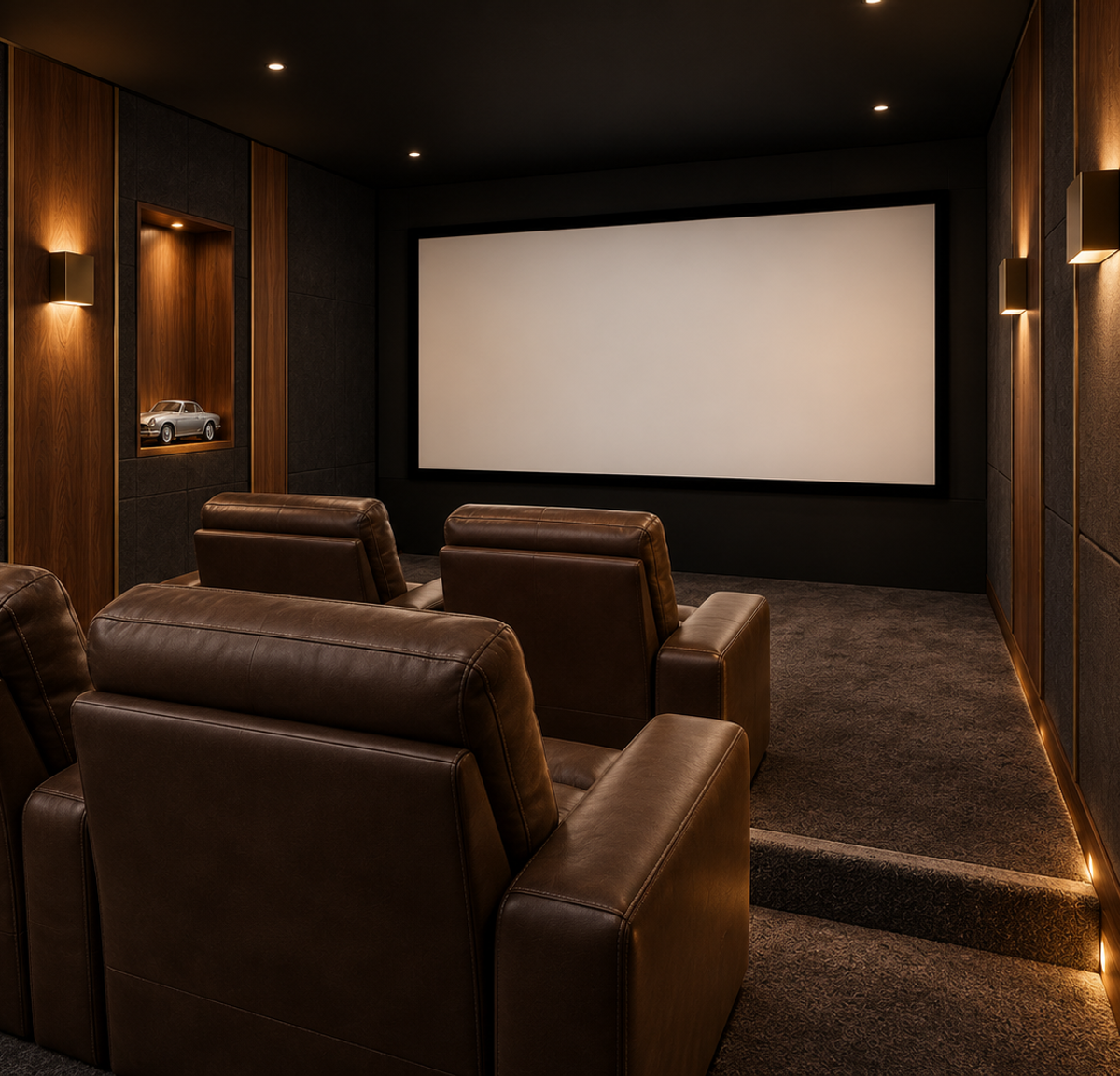 Salle home cinéma avec fauteuils cuir, estrade éclairée et boiseries