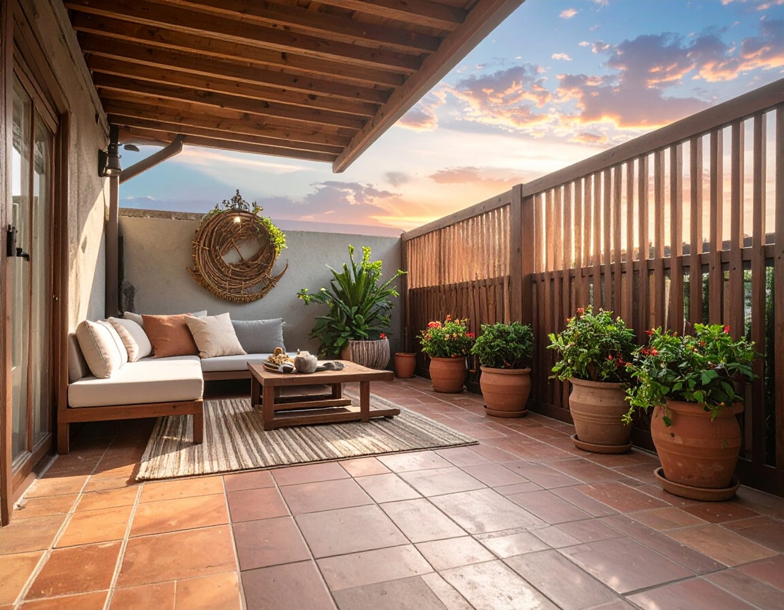 Firefly_Image de petite terrasse en carrelage ou lame bois. 334828